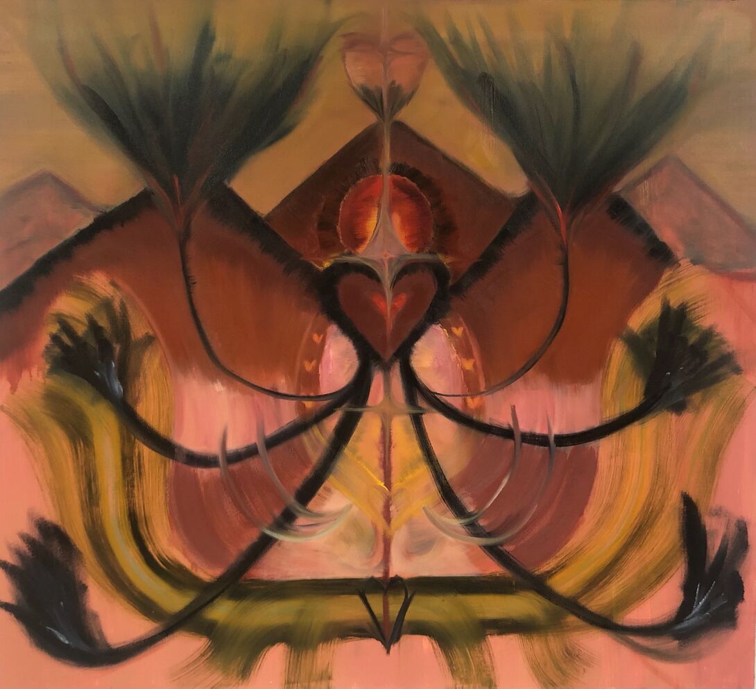 An abstract oil painting in reds, browns, and yellows with hearts and mountains