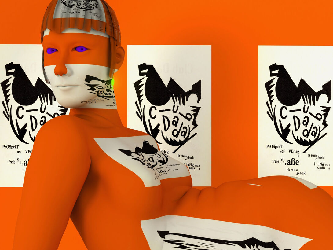 A virtual simulation of a reclining orange figure covered in text
