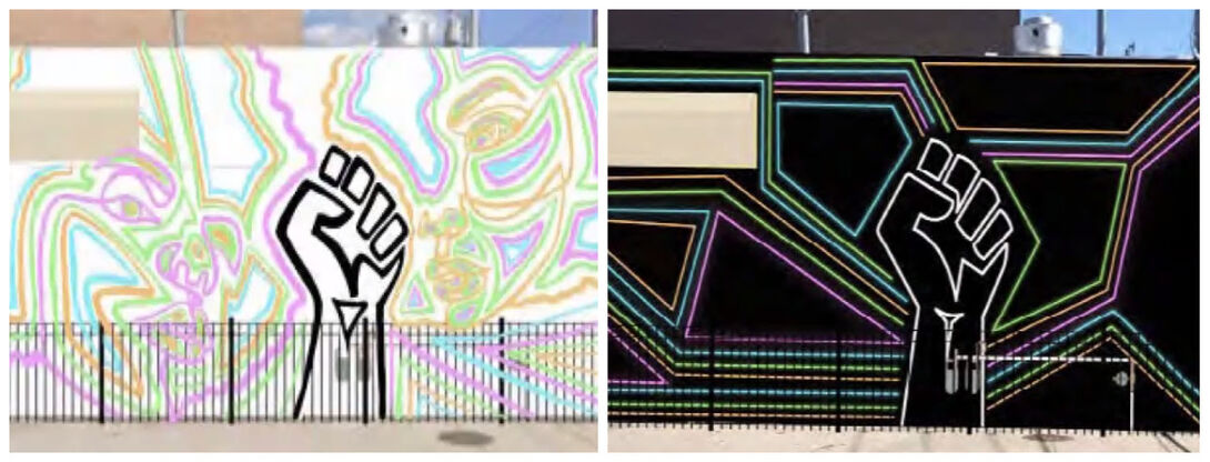 Two images of a Black Power Fist drawn as a mural, one with a white background and one with a black background