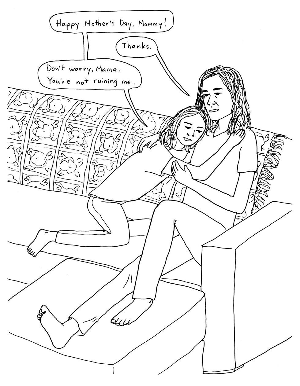 A black and white illustration of a mother and a child on the couch