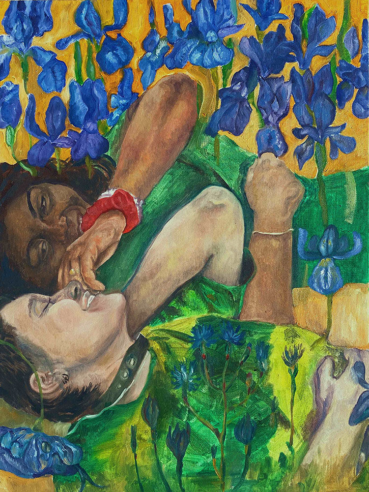 Painting of two women laying amongst flowers