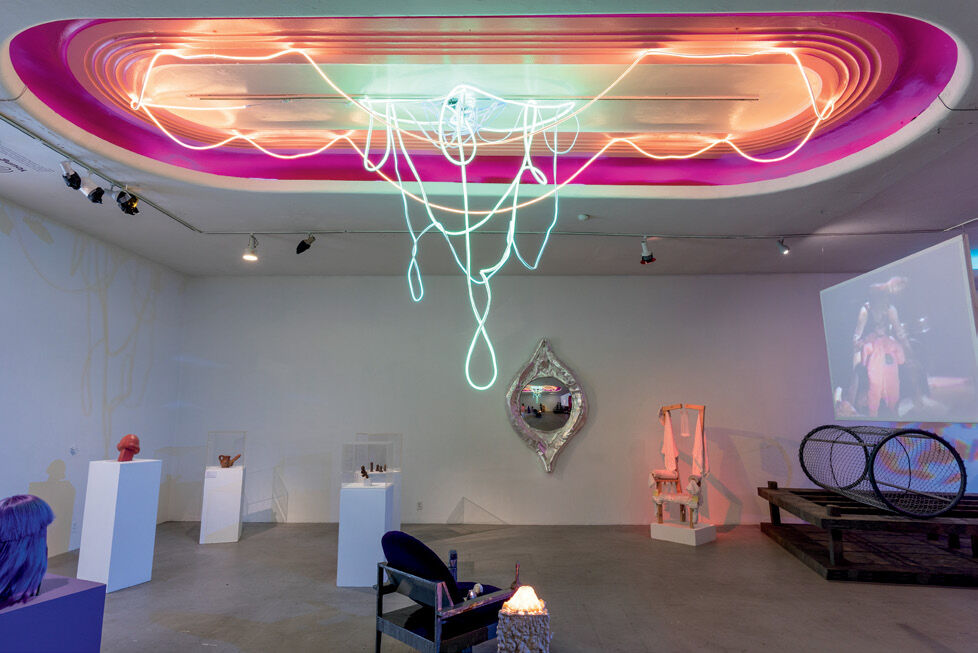 Installation view of Ceiling Vaginis Light Drip, 2018, from the CAVERNOUS exhibition at Los Angeles Contemporary Exhibitions, LED neon, and paint. Photos: Christopher Wormald