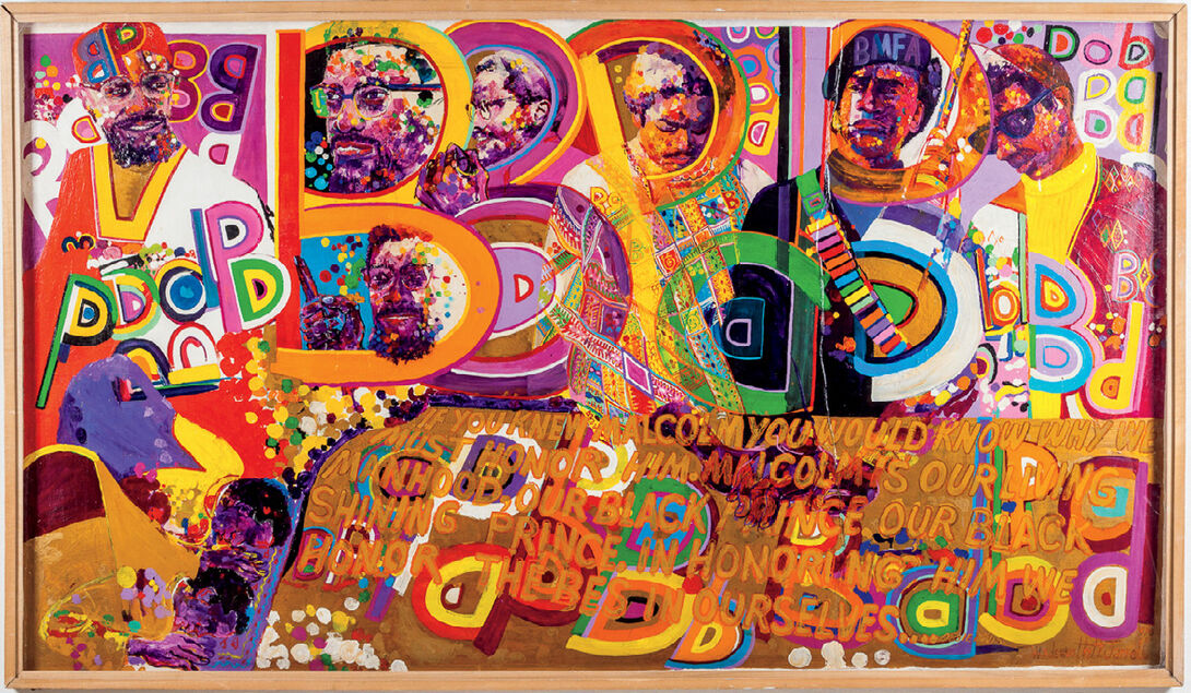 Wadsworth Jarrell (DIPLOMA 1958), Homage to a Giant, 1970, acrylic on board, 48 x 90 x 3 in. Courtesy of the artist and Kavi Gupta