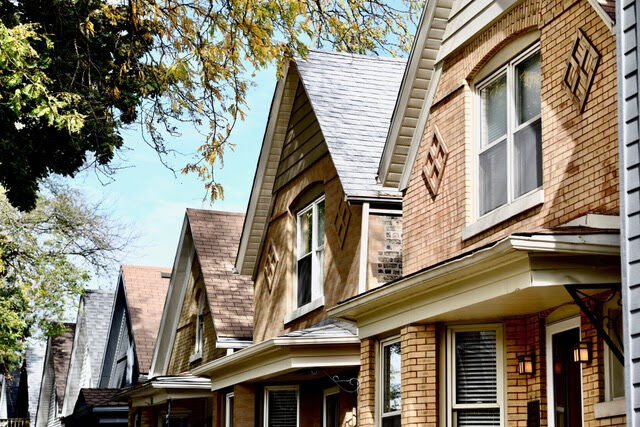 A row of workers cottages, two story, brick single family homes